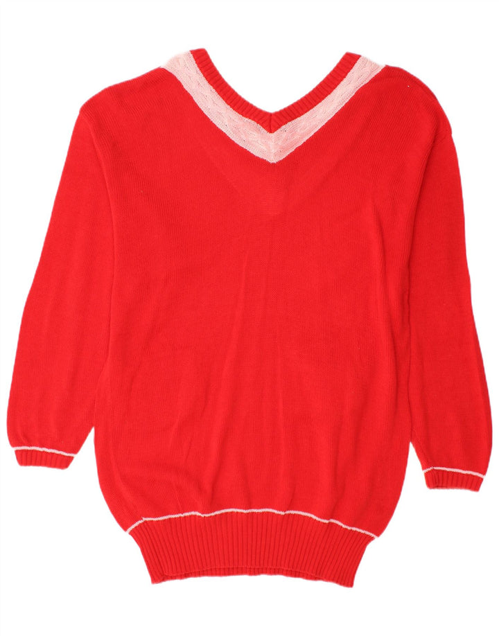 VINTAGE Suéter de jersey largo con cuello en V para mujer Reino Unido 18 XL Bloque de color rojo