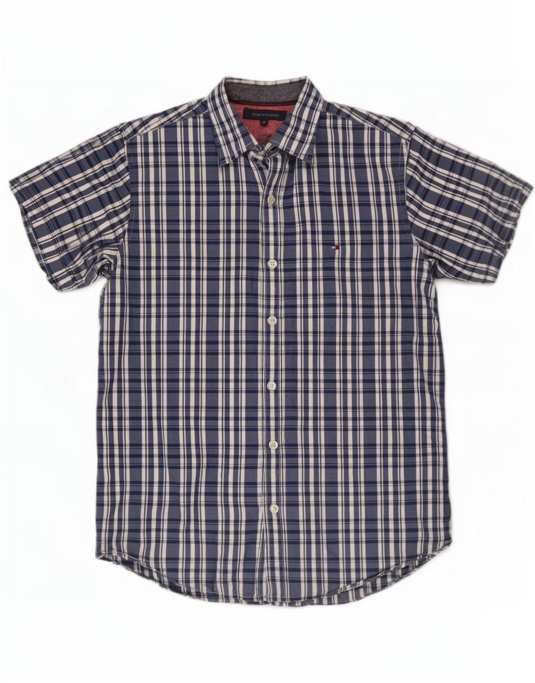 Tommy Hilfiger Camisa de manga corta para hombre de algodón a cuadros azul marino mediano