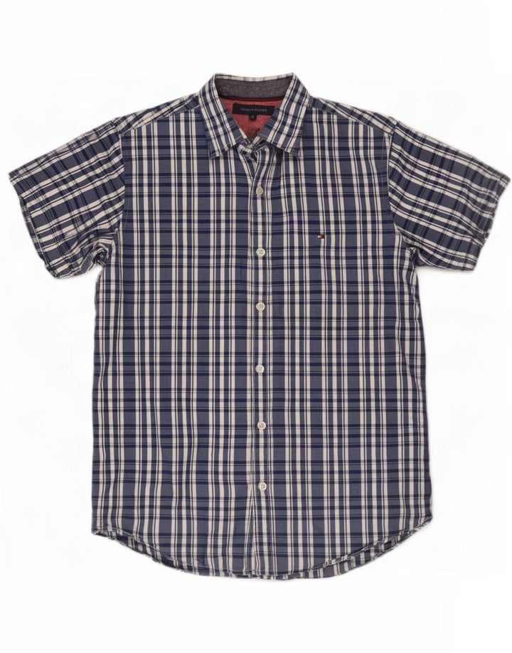 Tommy Hilfiger Camisa de manga corta para hombre de algodón a cuadros azul marino mediano