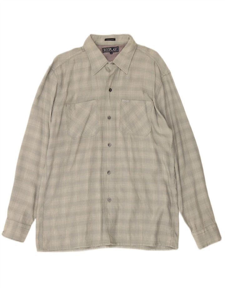 REPLAY Mens Flannel Shirt XL Grey Check Wool
