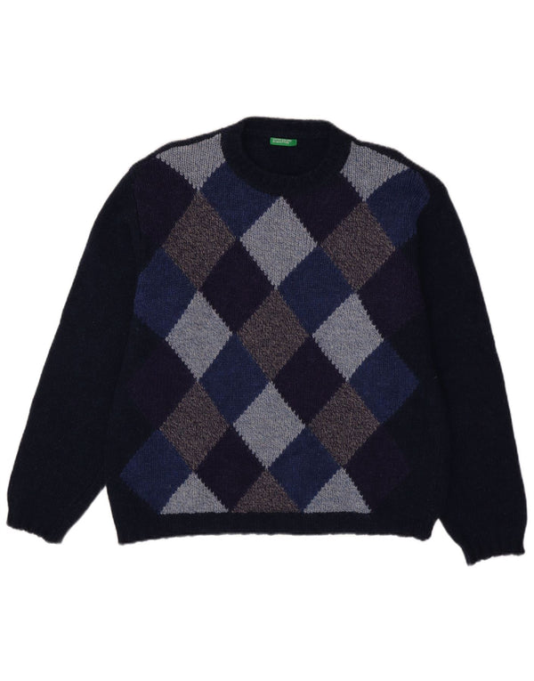 Benetton Jersey De Cuello Redondo Para Hombre Large Azul Marino Argyle/Diamond