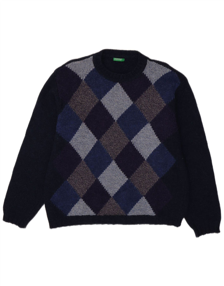 Benetton Jersey De Cuello Redondo Para Hombre Large Azul Marino Argyle/Diamond
