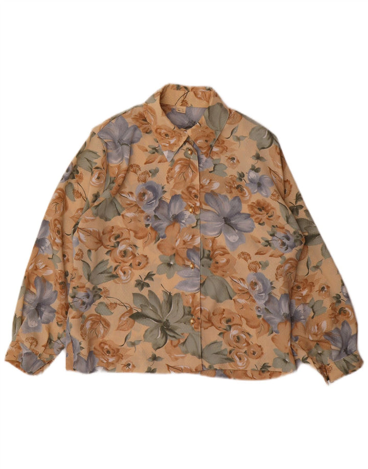 VINTAGE Blusa camisa de mujer Reino Unido 14 Poliéster floral marrón medio