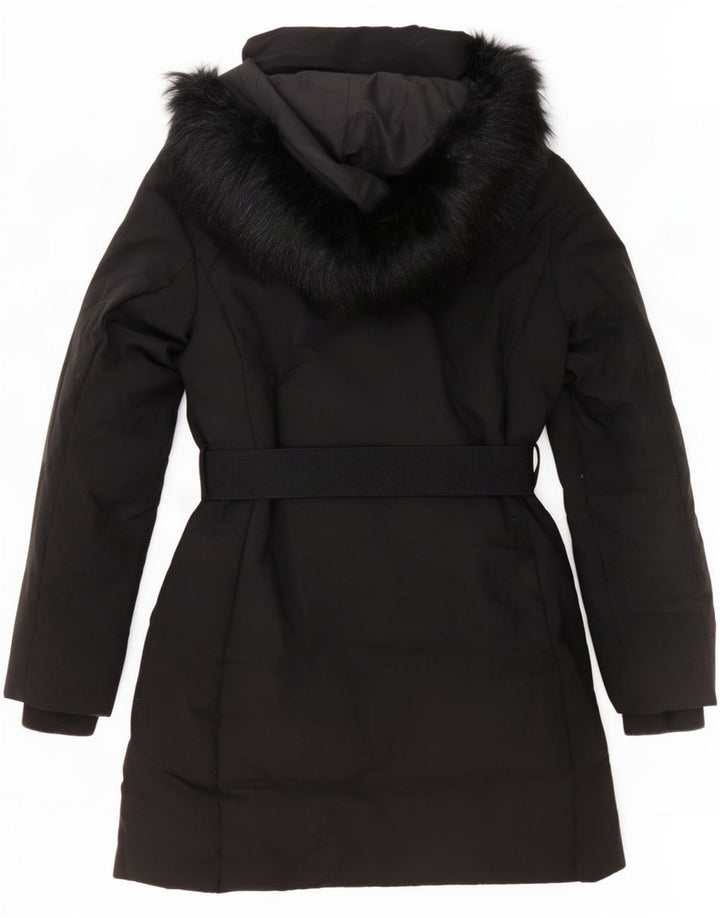 Zara Mujer Abrigo Acolchado Con Capucha UK 10 Small Poliéster Negro