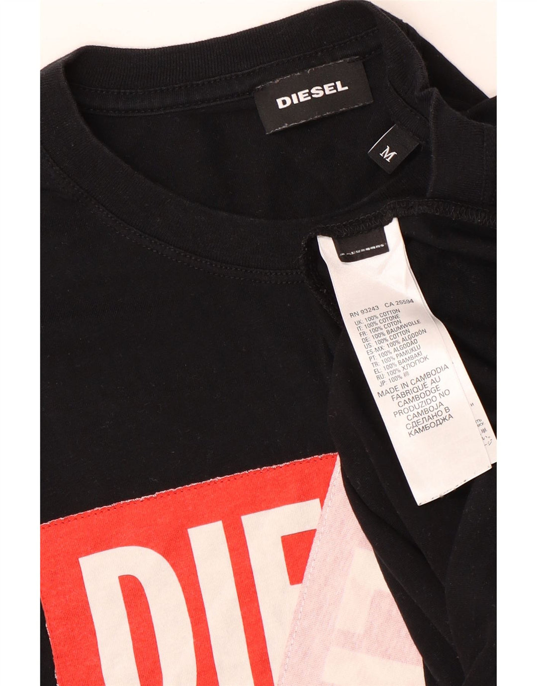 Diesel Hombre Camiseta Gráfica Top Medio Algodón Negro