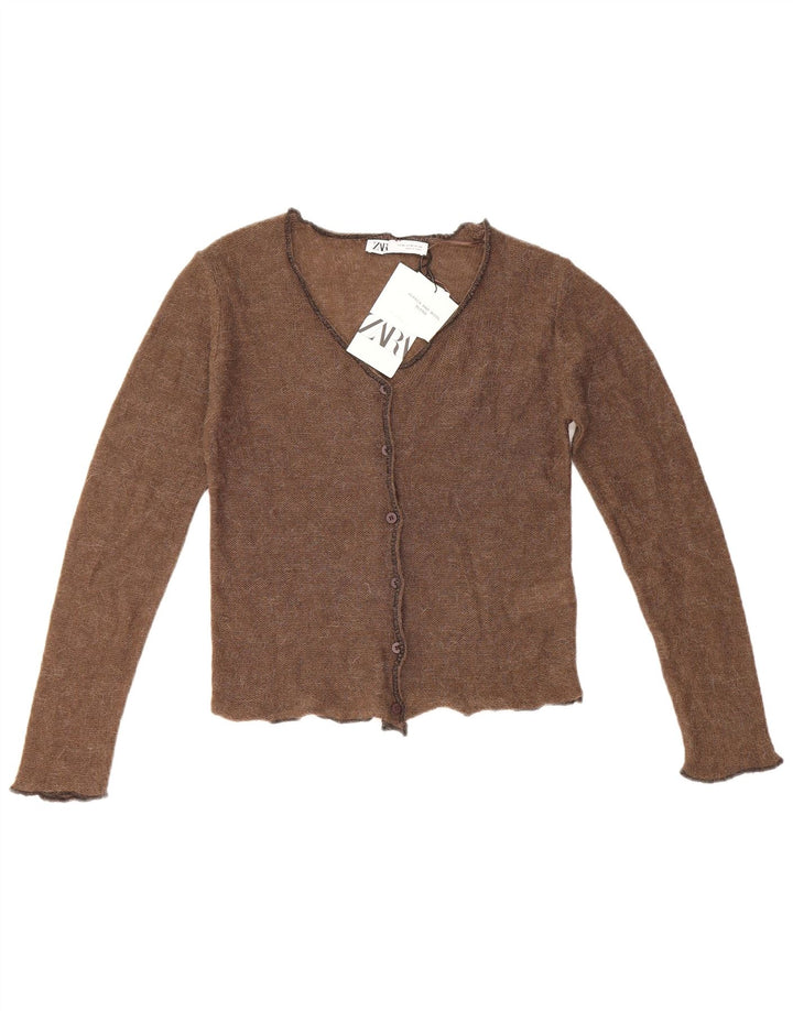Zara Mujer Crop Cardigan Suéter UK 6 XS Marrón Poliamida