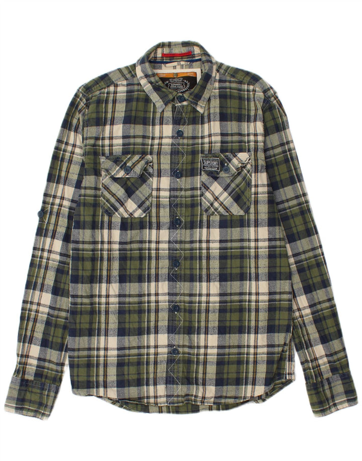 SUPERDRY Hombre Camisa de franela de algodón a cuadros verdes grandes