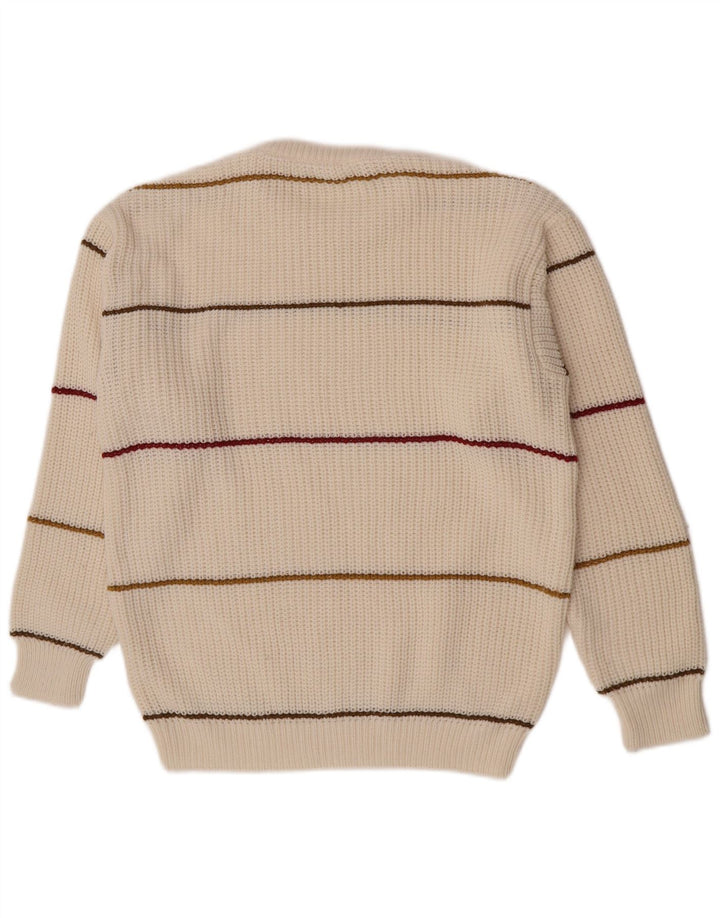 Vintage hombres cuello redondo jersey suéter medio apagado blanco rayas acrílico