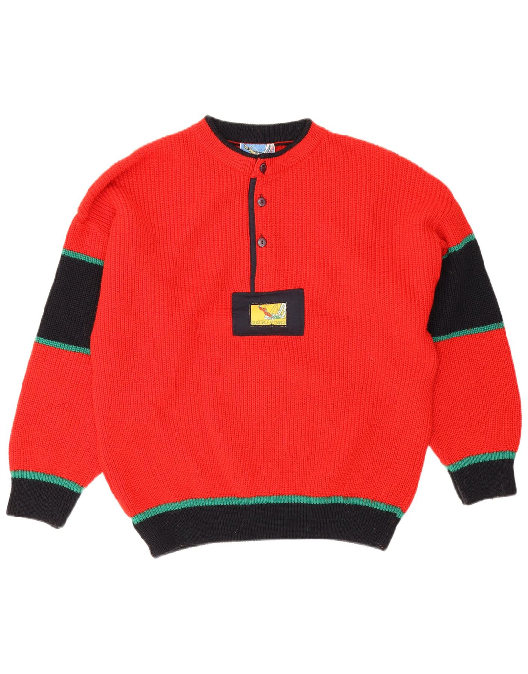 Vintage hombres cuello redondo jersey suéter IT 50 medio rojo colorblock lana