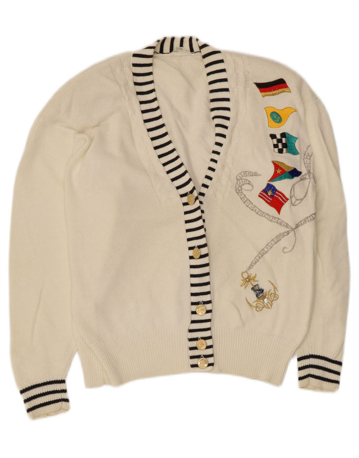 Vintage mujer gráfico cardigan suéter EU 40/42 algodón blanco medio