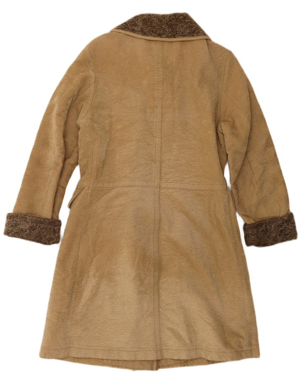VINTAGE Abrigo de cuero de doble pecho para mujer Reino Unido 6 XS Bloque de color marrón