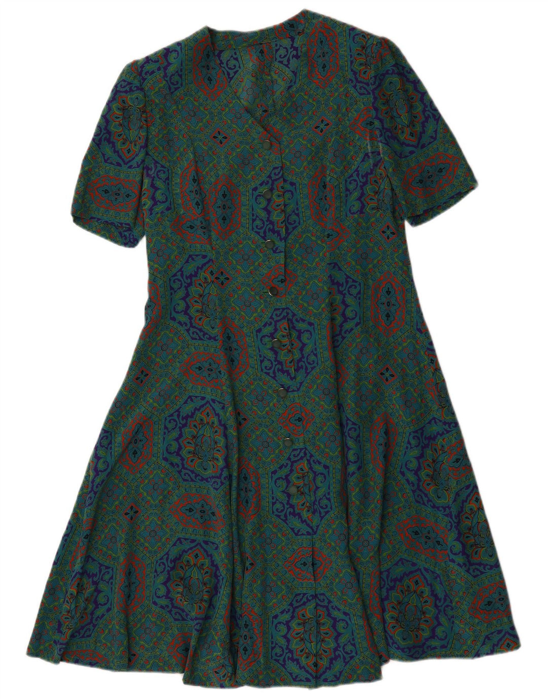 Vintage mujer A-Line vestido Reino Unido 14 verde medio geométrico