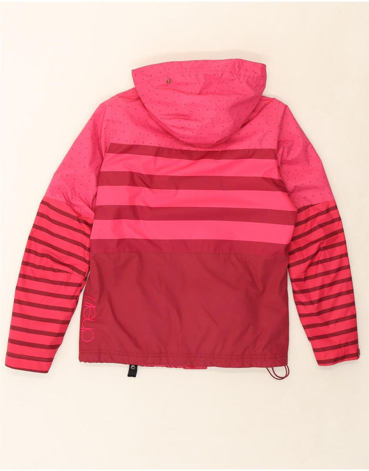O'NEILL Womens Hooded Rain Jacket UK 14 Medium Pink Striped Polyester Vintage O'Neill and Second-Hand O'Neill from Messina Hembry 