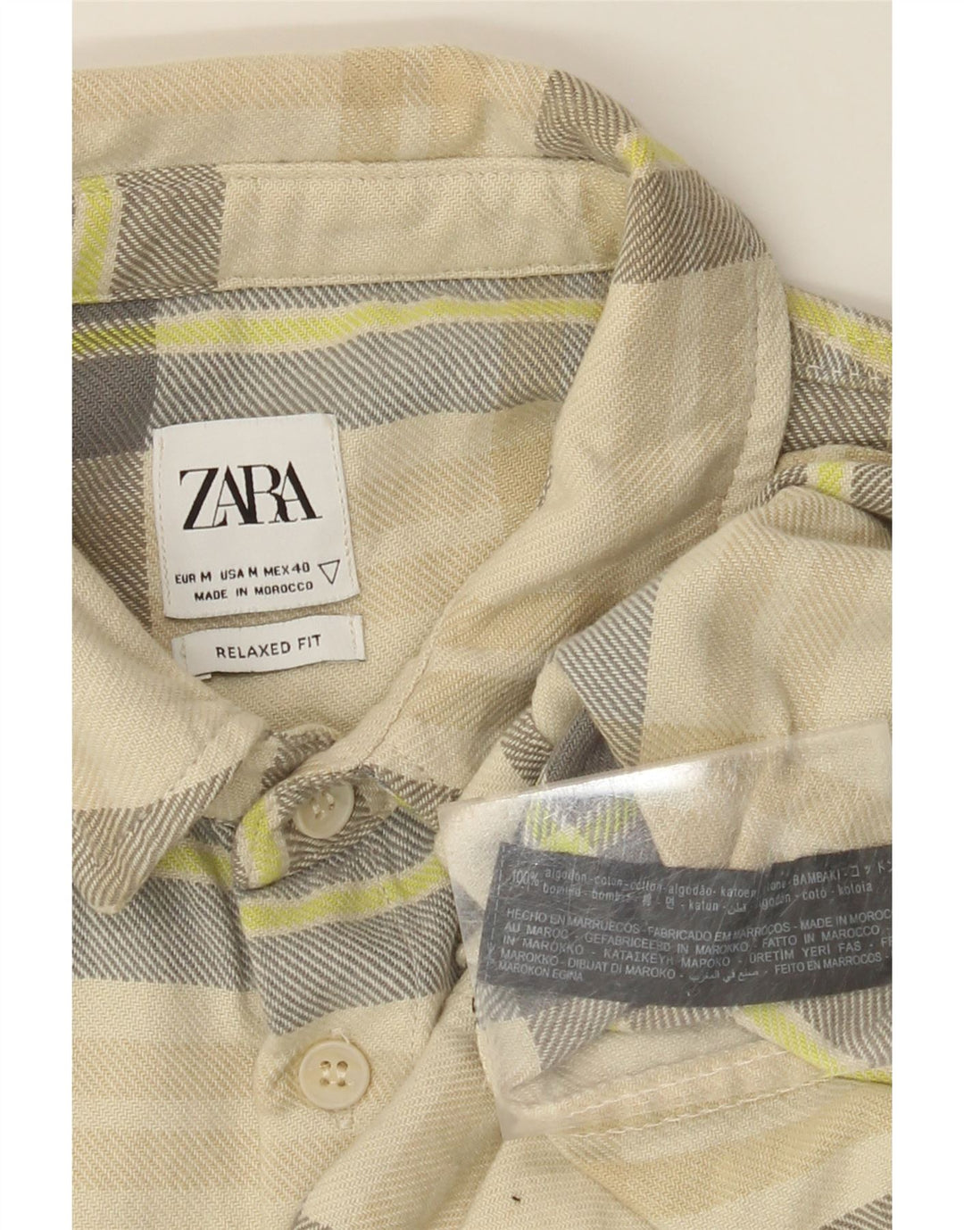 ZARA Mens Relaxed Fit Flannel Shirt Medium Beige Check Cotton
