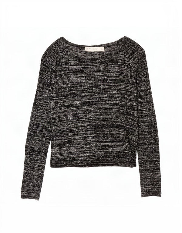 Zara Mujer Top Manga Larga UK 40 Medio Negro Rayas Acrílico