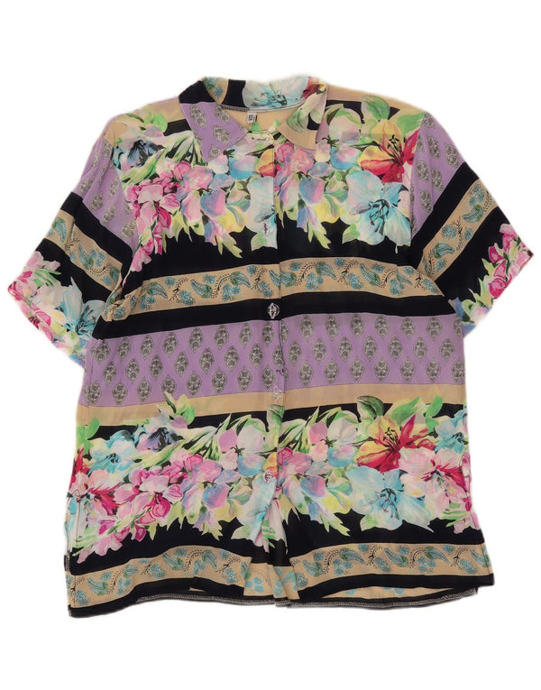 VINTAGE Mujer camisa de manga corta Blusa Reino Unido 14 Grande Multicolor Floral