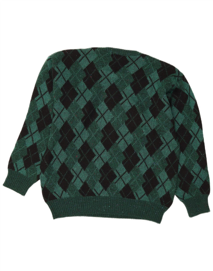 Vintage hombres cuello redondo jersey suéter IT 48 verde medio Argyle/Diamante