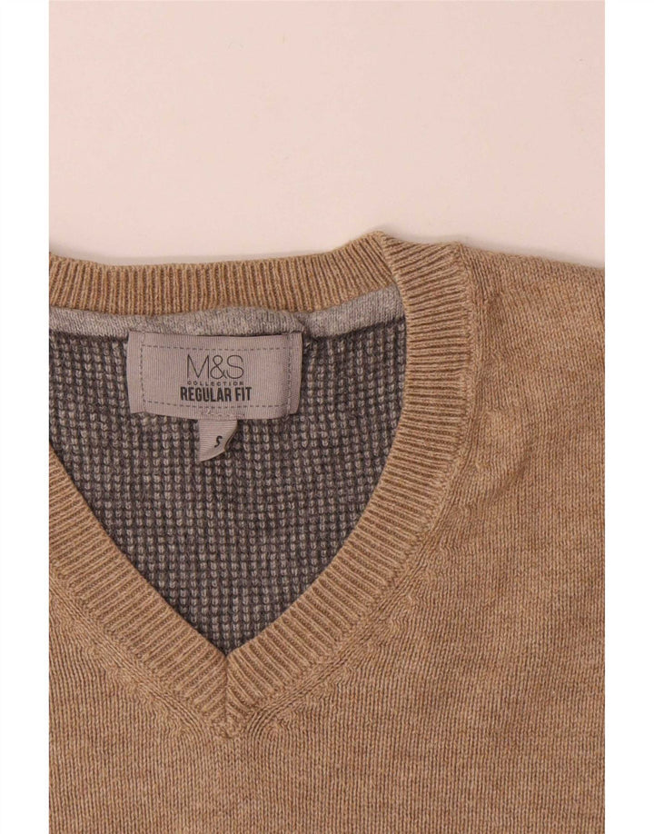Marks & Spencer Jersey Regular Fit con Cuello en V para Hombre Pequeño Algodón Beige