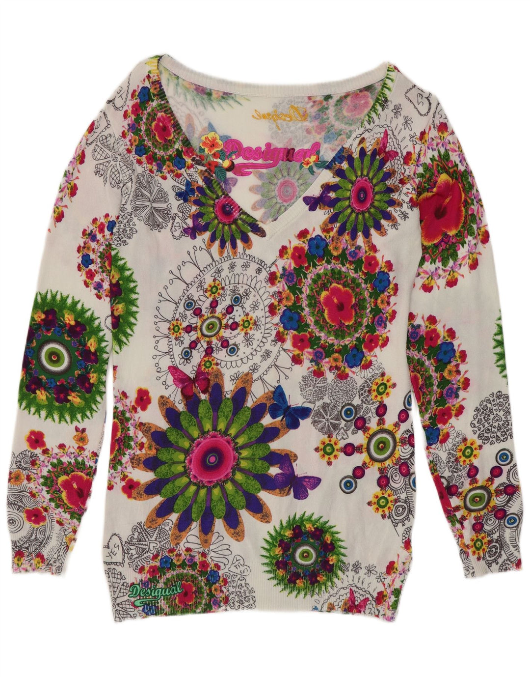 Desigual Jersey con cuello en V para mujer UK 12 Medium Multicolor Floral