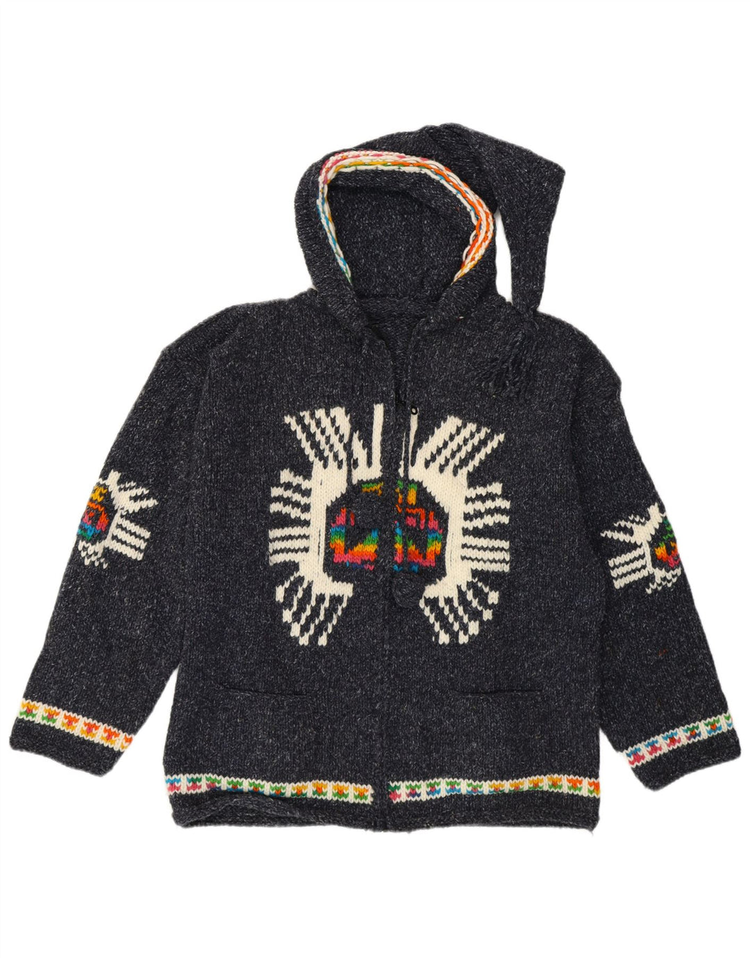 Vintage mujer gráfico cardigan suéter Reino Unido 14 medio azul marino étnico