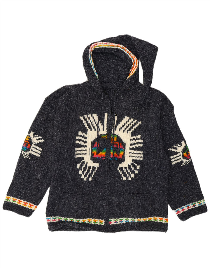 Vintage mujer gráfico cardigan suéter Reino Unido 14 medio azul marino étnico