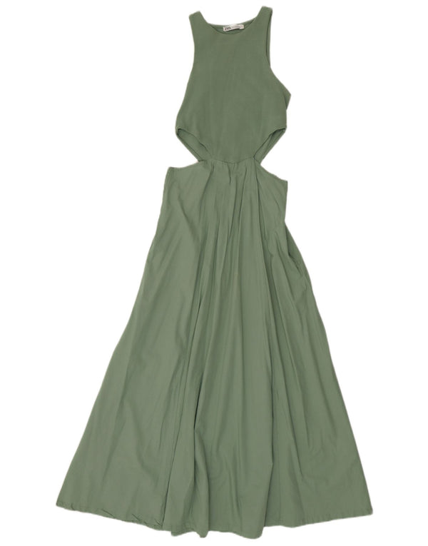 Zara Mujer Vestido Largo Sin Mangas Recortado UK 8 Small Algodón Verde