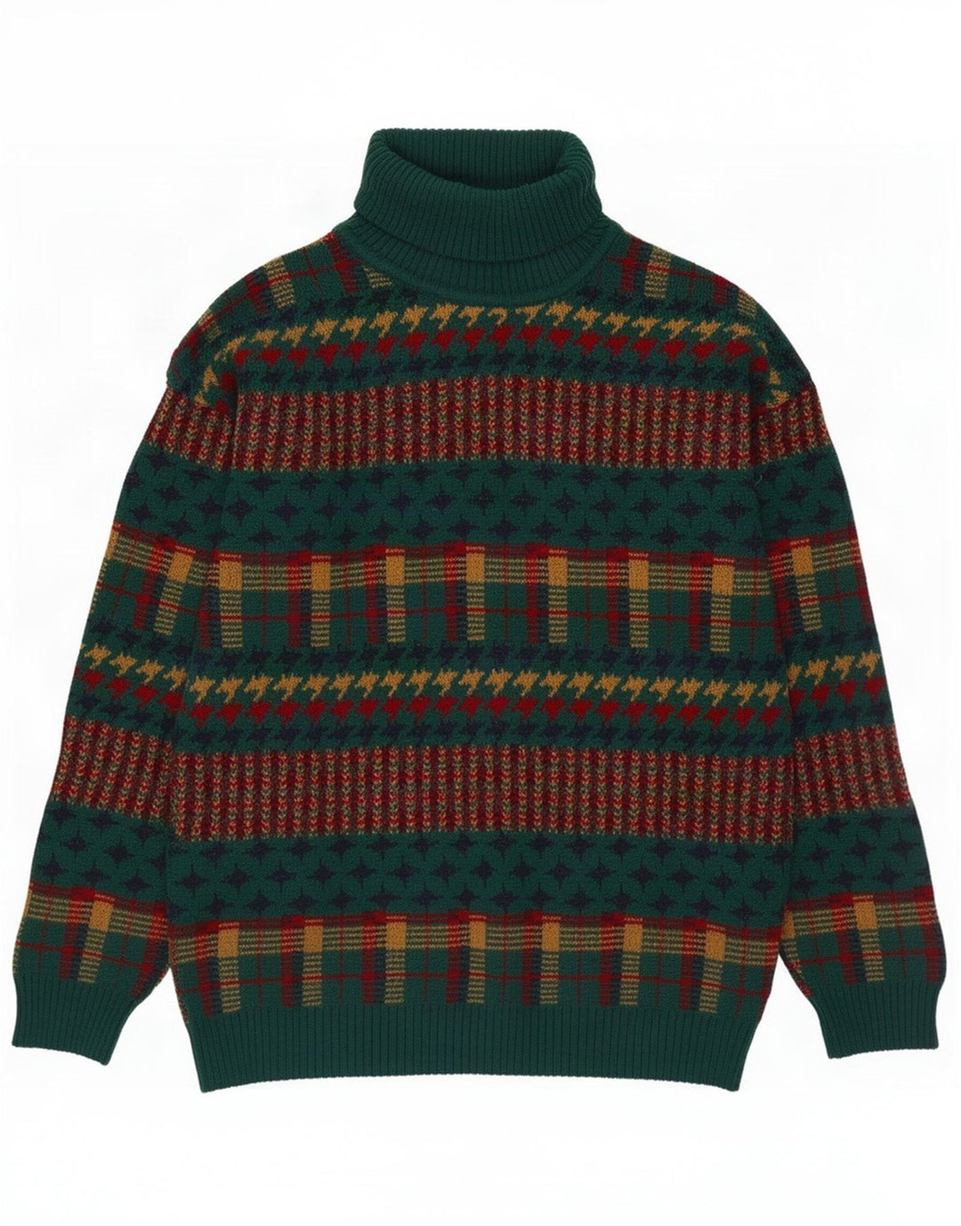 Vintage hombres rollo cuello jersey suéter medio verde rayas