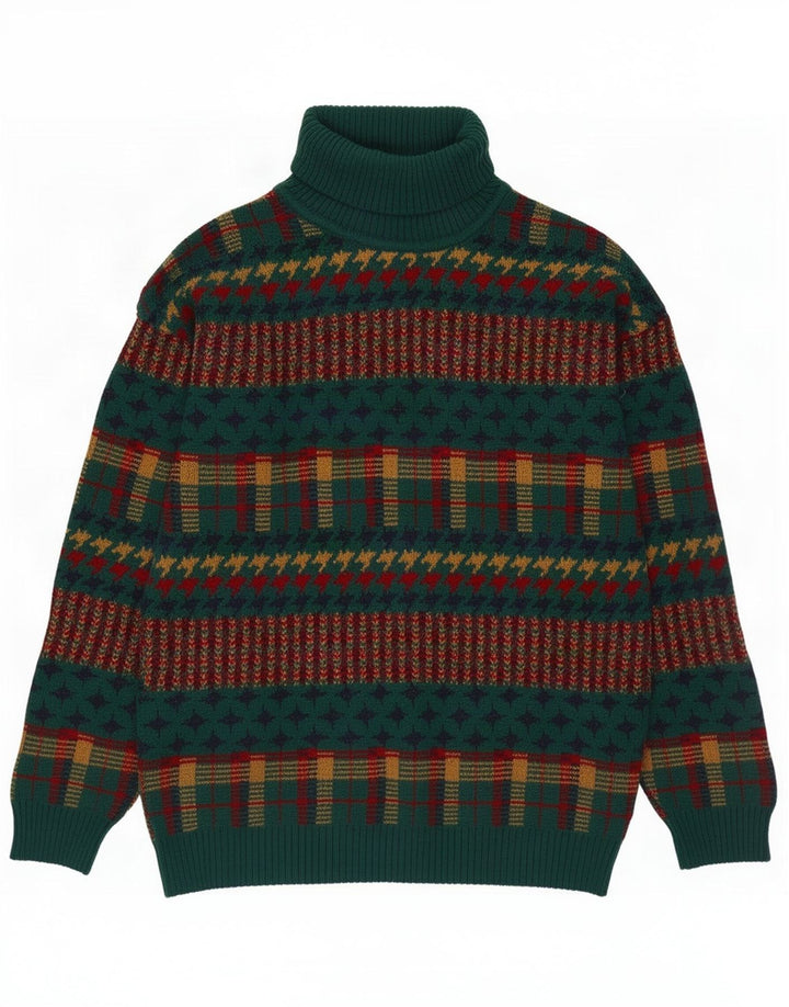 Vintage hombres rollo cuello jersey suéter medio verde rayas