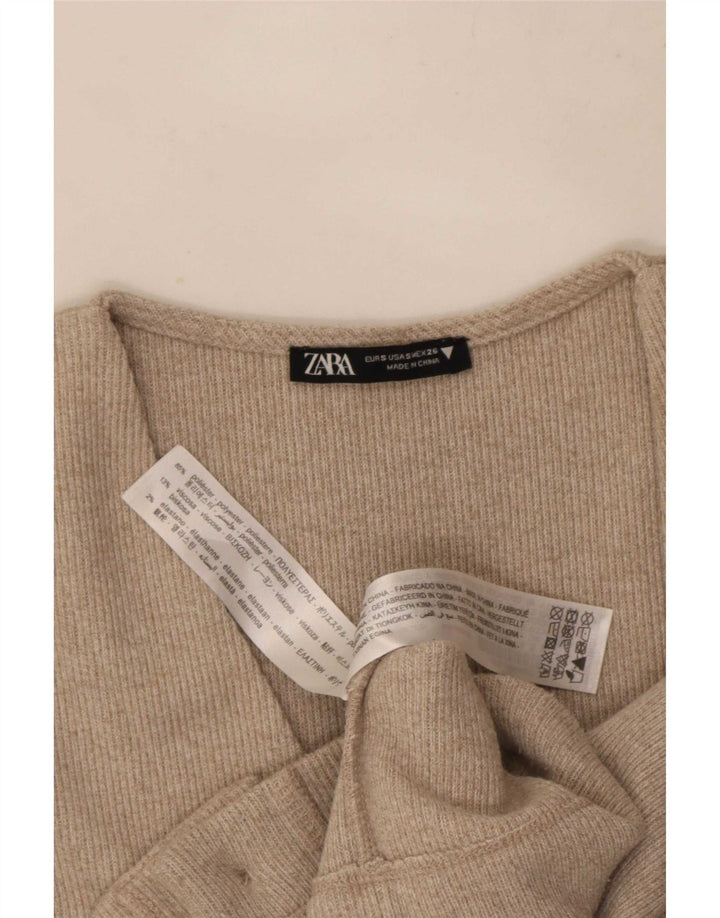 Zara Mujer Crop Cardigan Top UK 10 Small Beige Poliéster