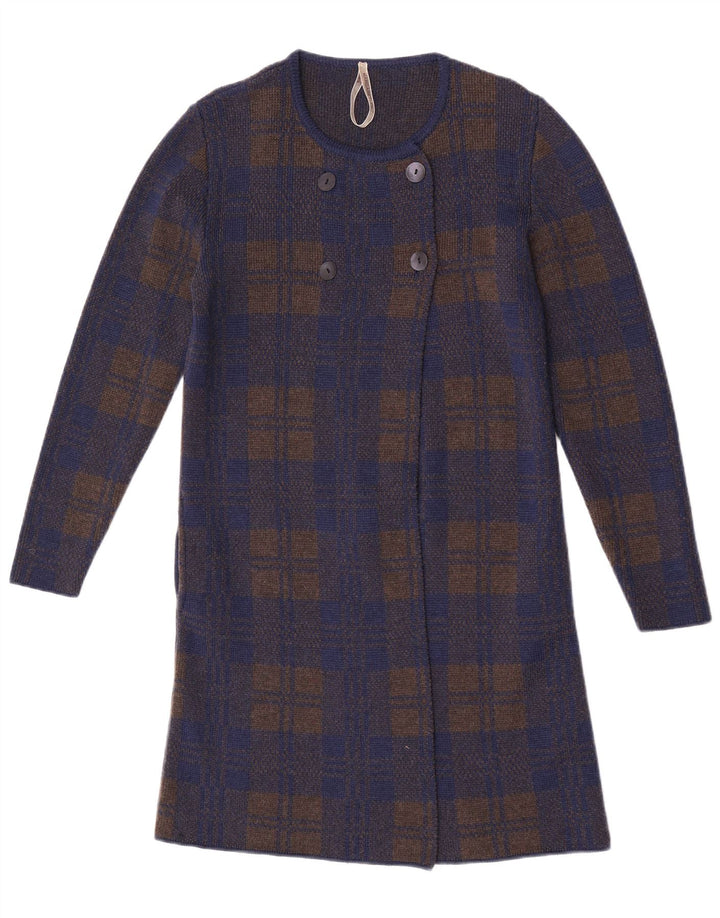 Vintage mujer longline cardigan suéter Reino Unido 14 medio azul marino cheque