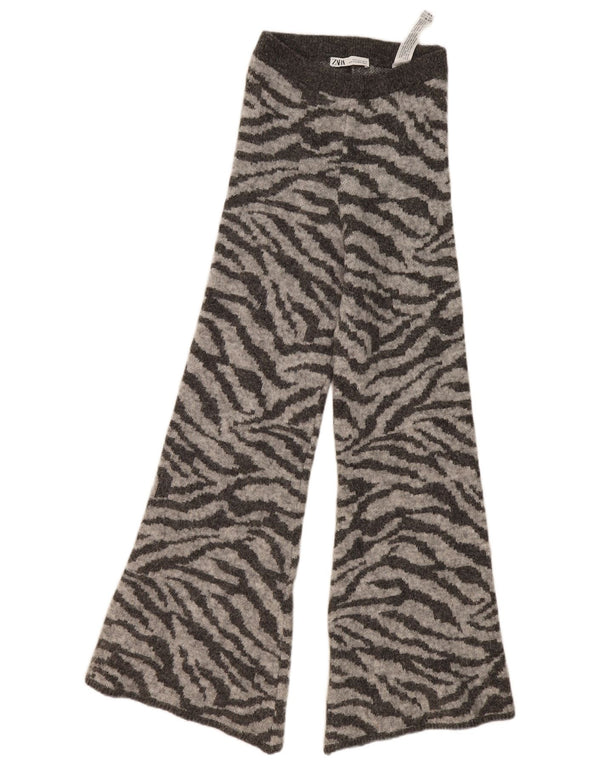 Zara Mujer Pantalones De Chándal Acampanados UK 8 Small Gris Estampado Animal