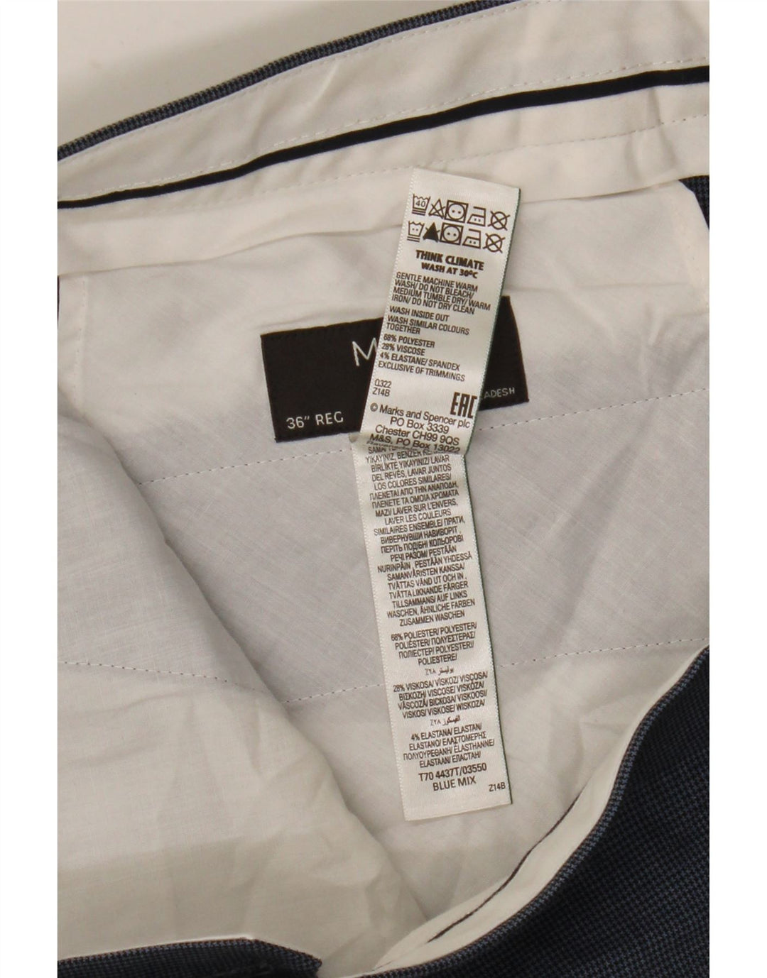 Marks & Spencer Pantalón de traje de corte regular para hombre W36 L31 Pata de gallo azul