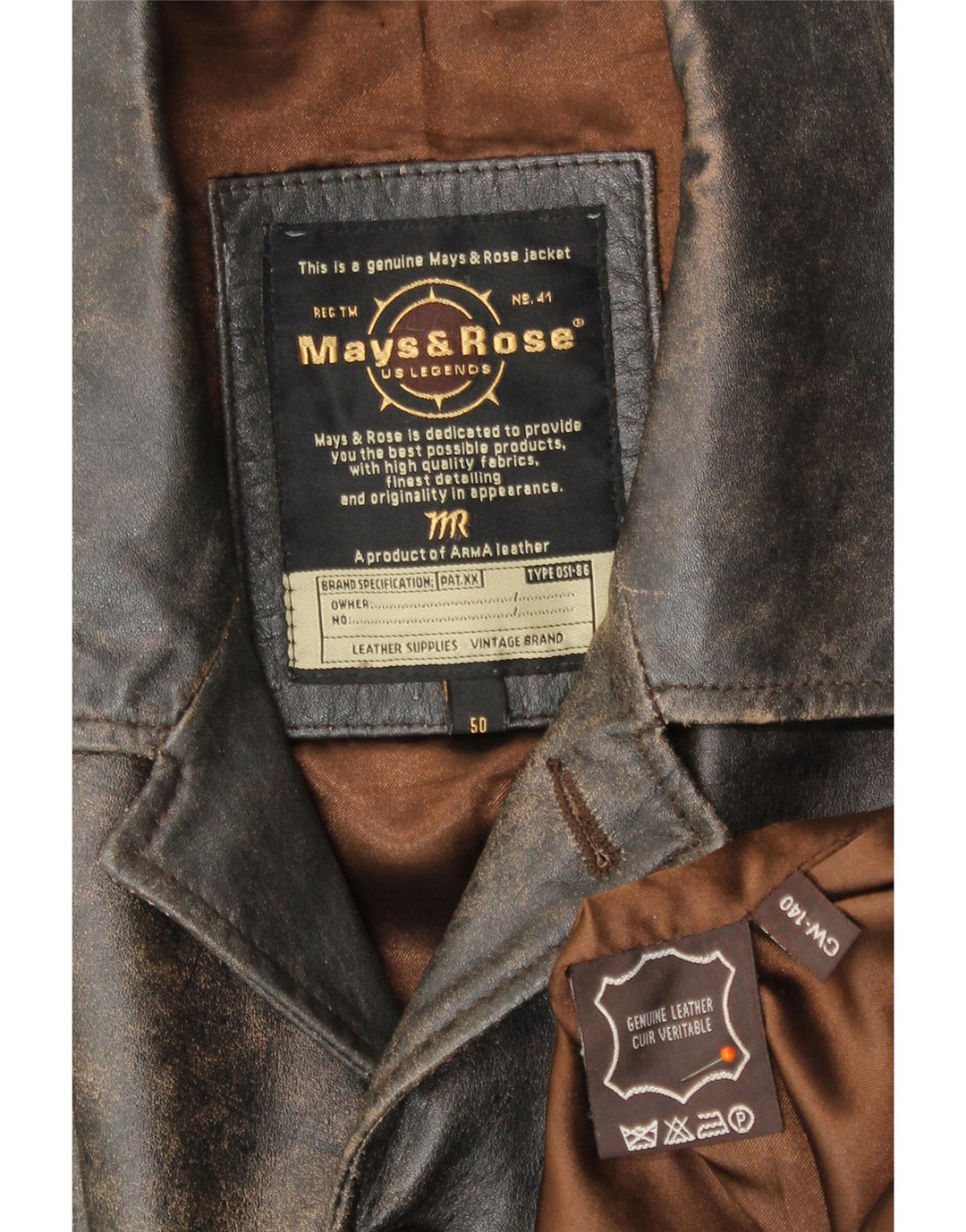 Mays & Rose Chaqueta de cuero para hombre IT 50 Cuero marrón grande