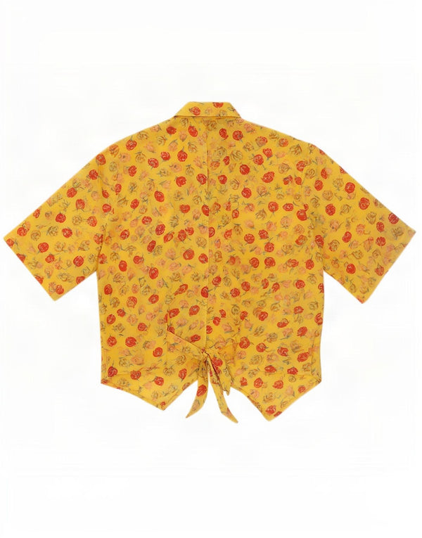 Vintage mujer crop manga corta camisa blusa Reino Unido 14 medio amarillo floral
