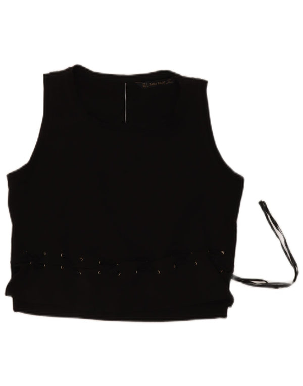 ZARA Mujer Blusa Corta Sin Mangas Top UK 10 Small Poliéster Negro