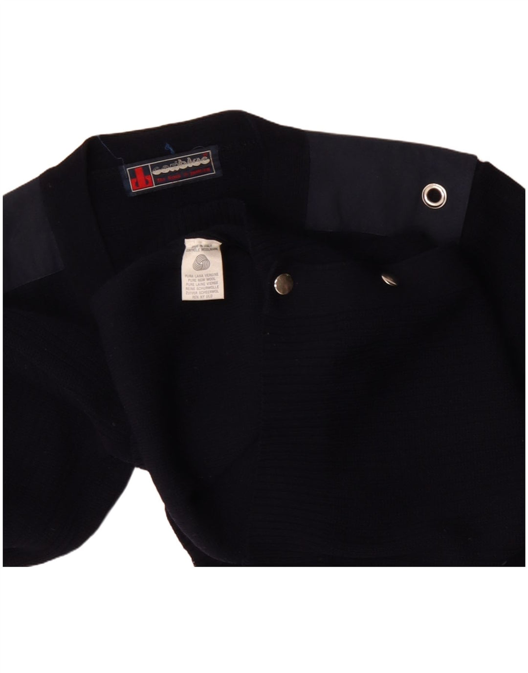 Vintage hombre cardigan suéter medio azul marino colorblock lana