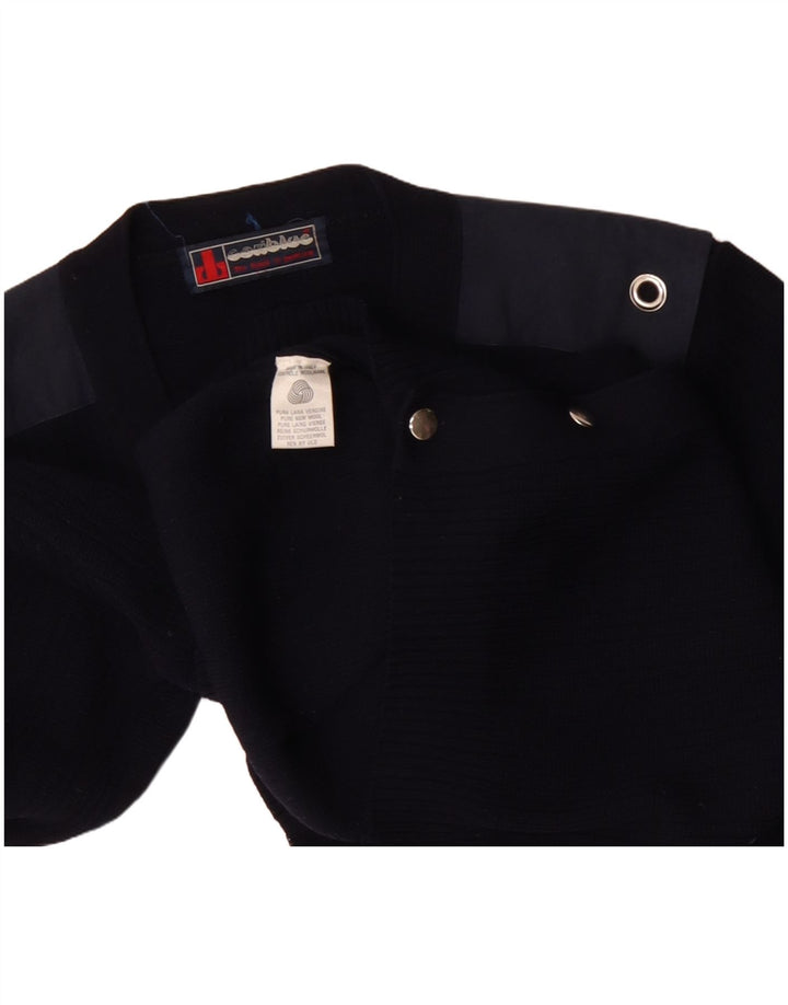 Vintage hombre cardigan suéter medio azul marino colorblock lana