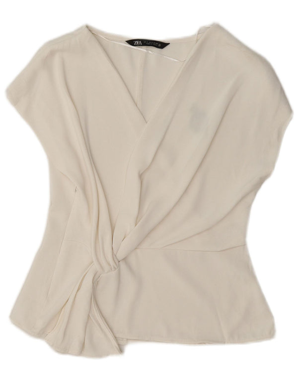 Zara Mujer Blusa Top UK 10 Small Poliéster Blanco