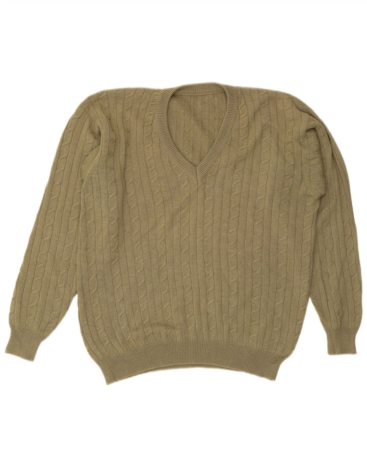 VINTAGE Hombres V-Cuello Jumper Suéter Grande Caqui