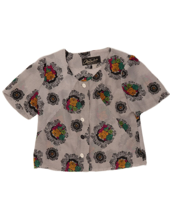 Vintage mujer crop manga corta camisa blusa Reino Unido 14 medio gris floral
