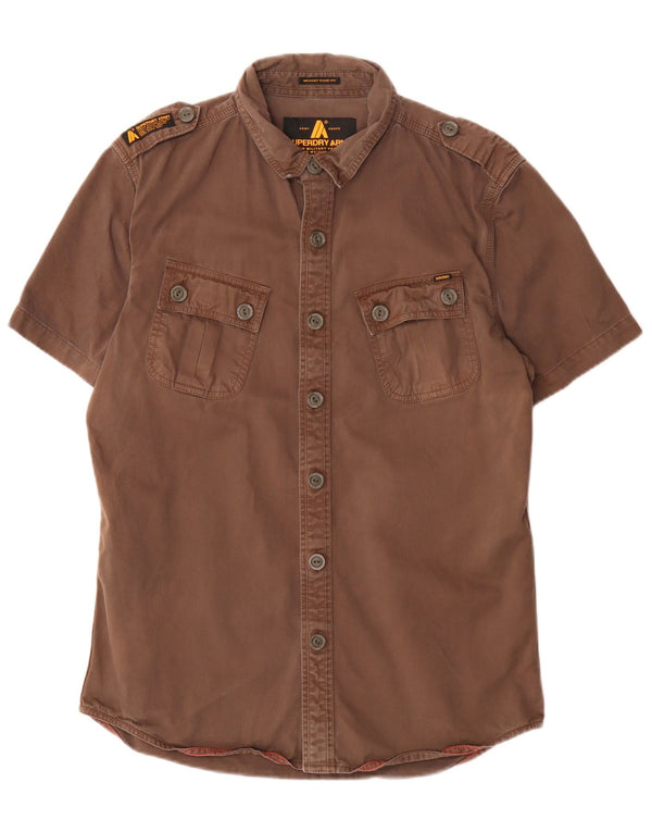 Superdry Camisa militar de manga corta para hombre Large Brown Cotton Army