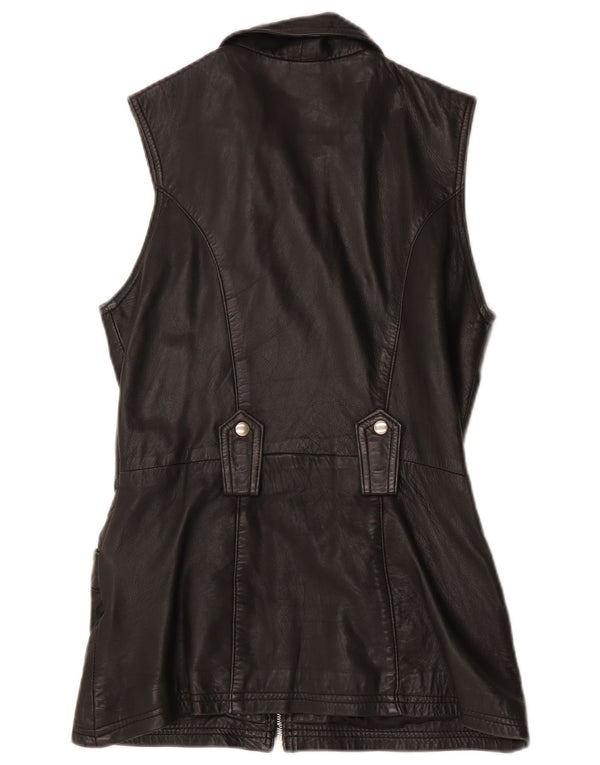 Vintage mujer cuero Gilet Reino Unido 12 Medio Negro