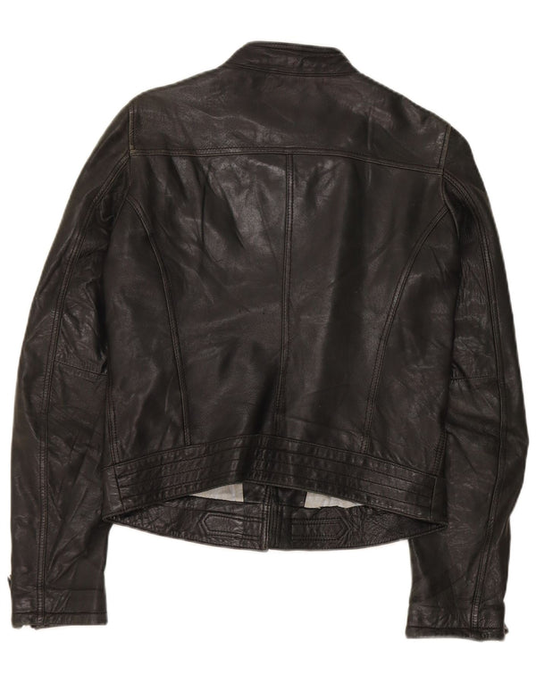 Massimo Dutti Womens Biker Leather Jacket UK 10 Small Black