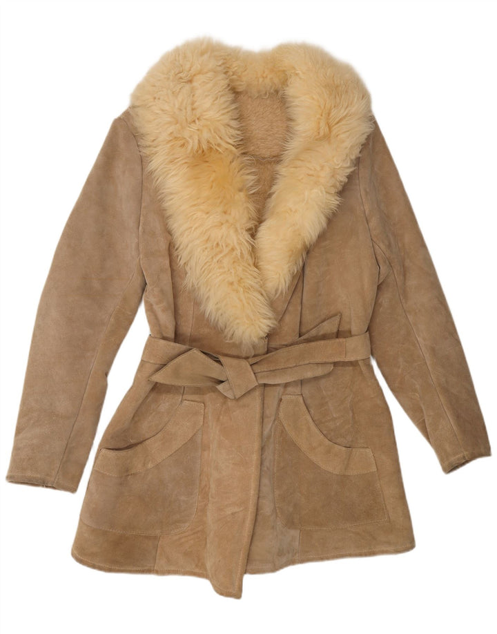 Vintage mujer shearling abrigo Reino Unido 10 pequeño beige