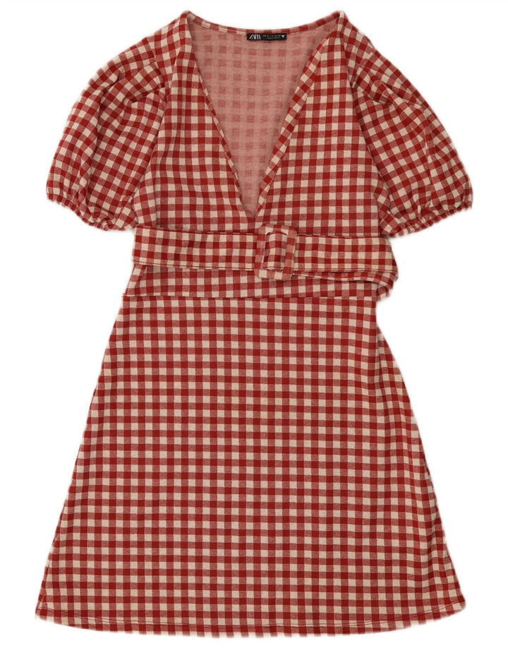 Zara Mujer Vestido Acampanado UK 8 Pequeño Poliéster Vichy Rojo