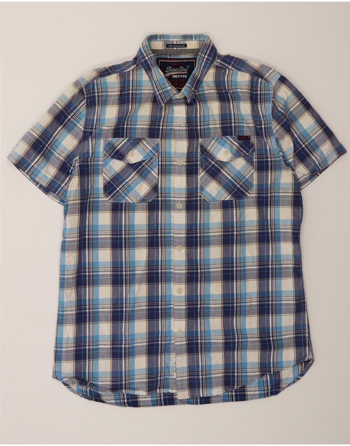 SUPERDRY Camisa Manga Corta Hombre XL Azul Cuadros Algodón