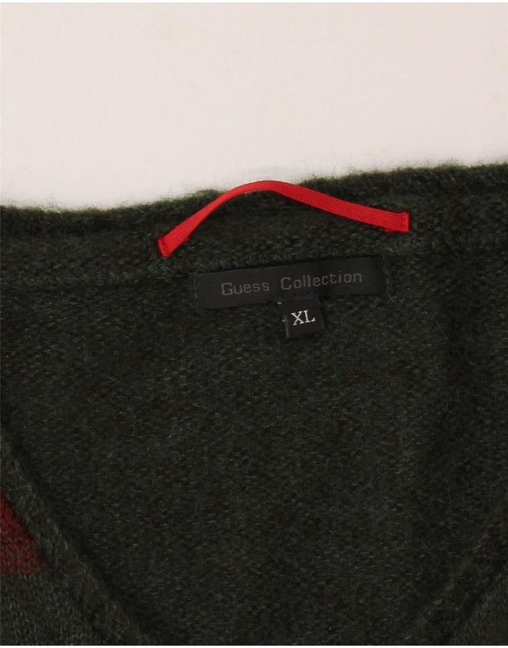 GUESS Mens V-Neck Jumper Sweater XL Khaki Check Acrylic Vintage Guess and Second-Hand Guess from Messina Hembry 
