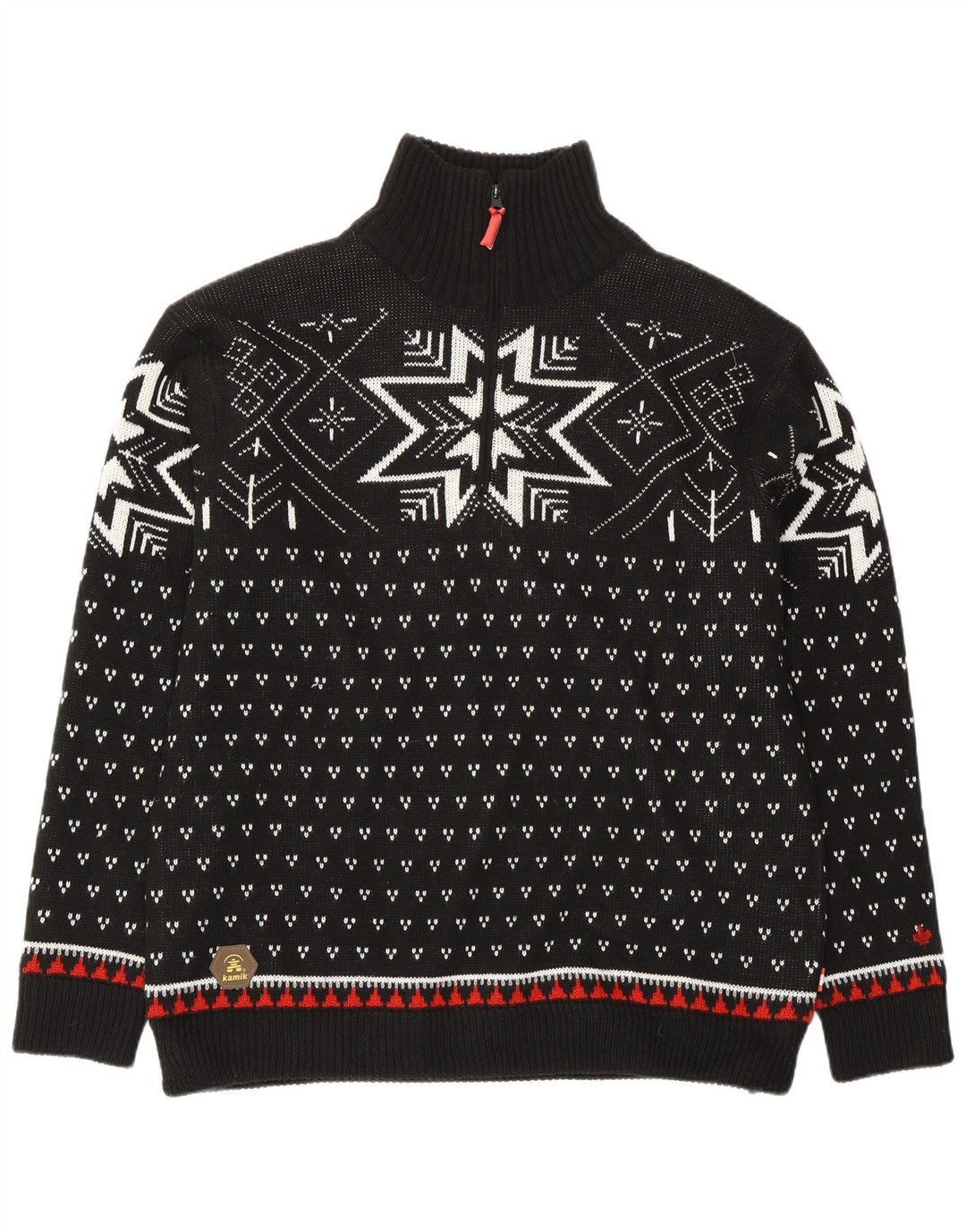 VINTAGE Hombres Zip Neck Jumper Suéter Medio Negro Fair Isle Poliacrílico