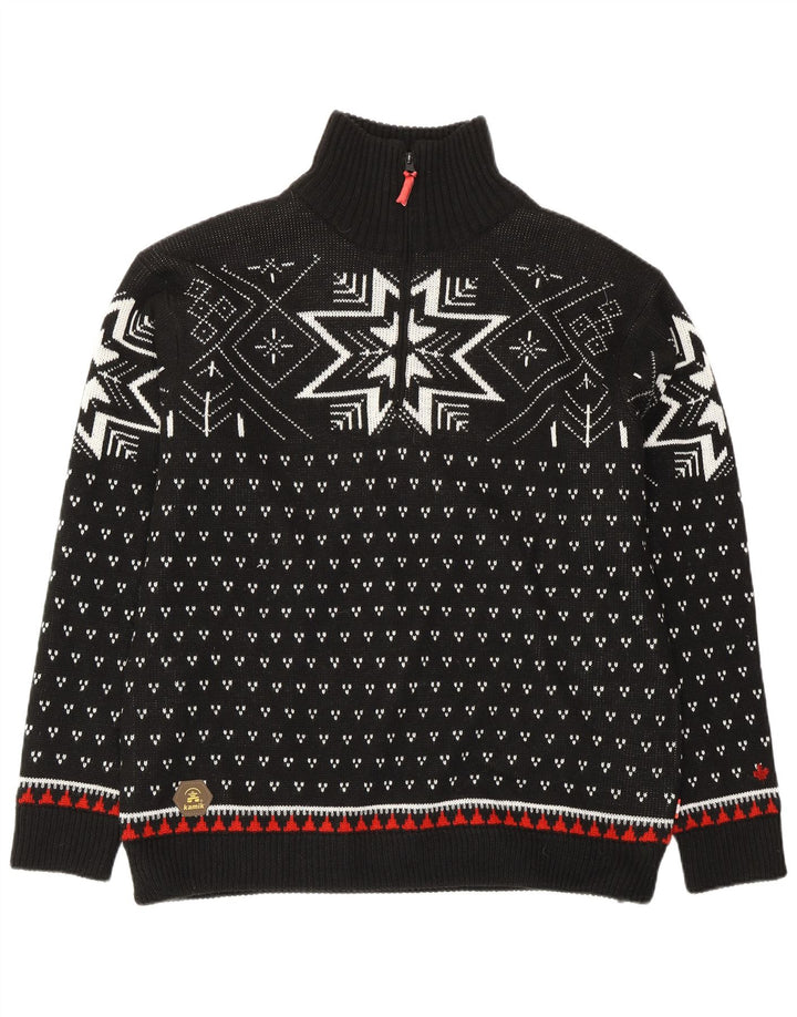 VINTAGE Hombres Zip Neck Jumper Suéter Medio Negro Fair Isle Poliacrílico