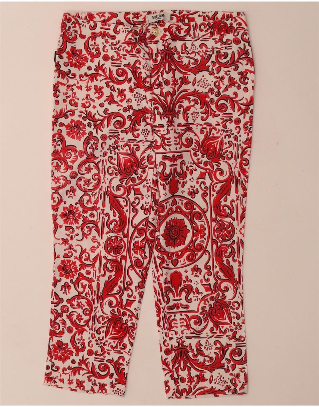 MOSCHINO Pantalones capri rectos para mujer UK 12 Medium W28 L21 Red Paisley
